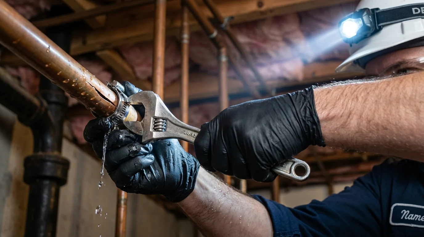 Emergency pipe clamp repair being performed by a Johns Plumbing LLC plumber in Erwin