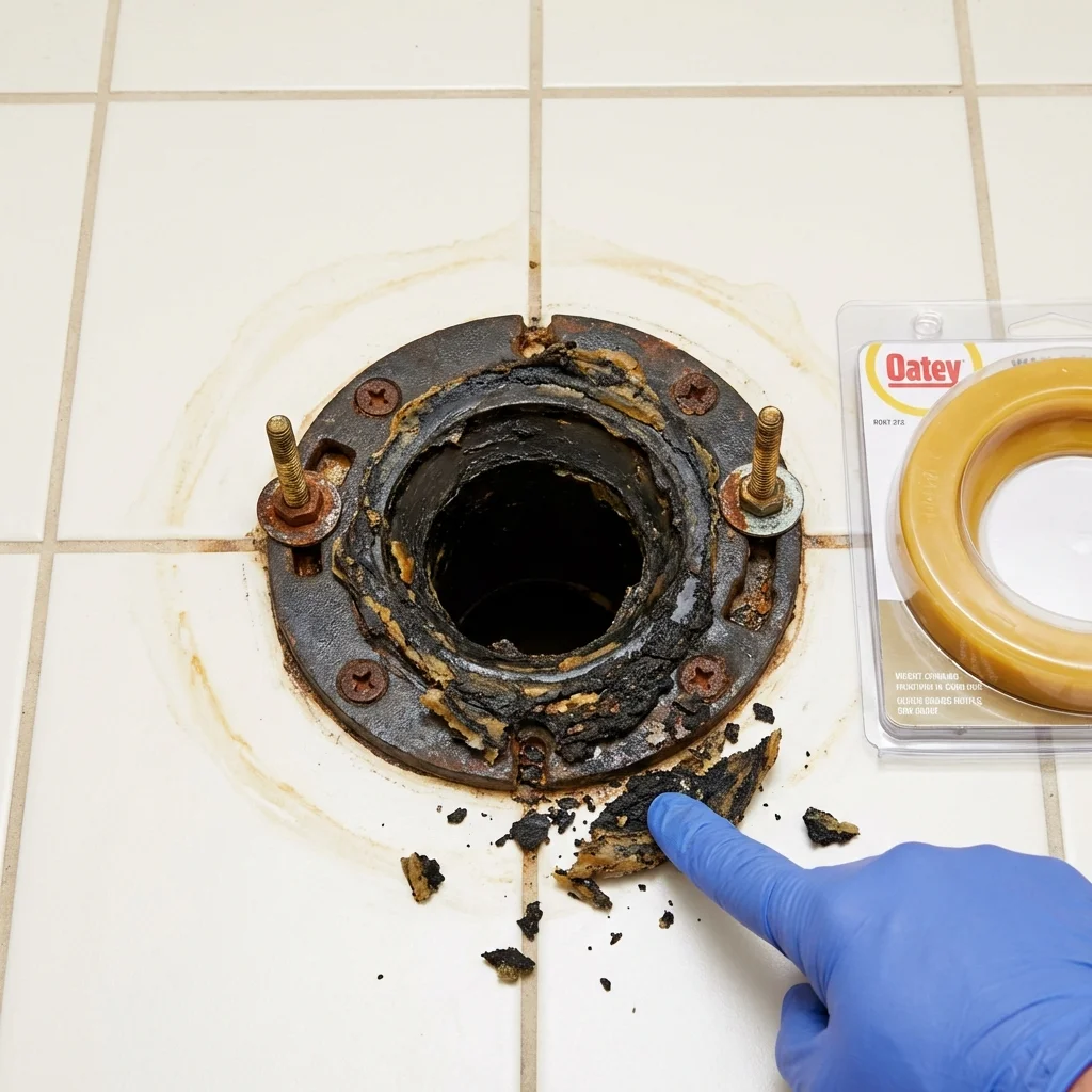 Failed wax ring showing water seepage at the base of a toilet in a Erwin, NC home
