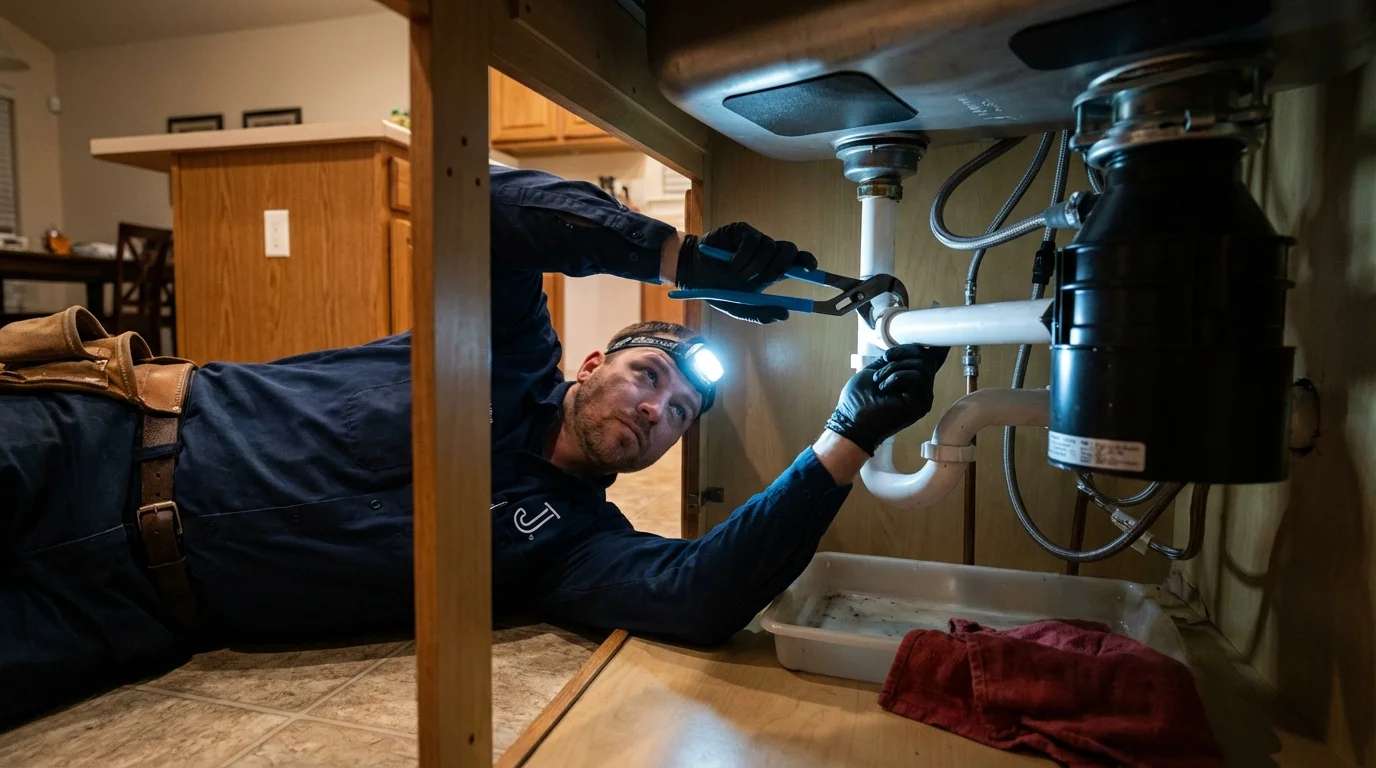 P-trap and supply line connections under a kitchen sink showing a common leak point in Erwin, NC